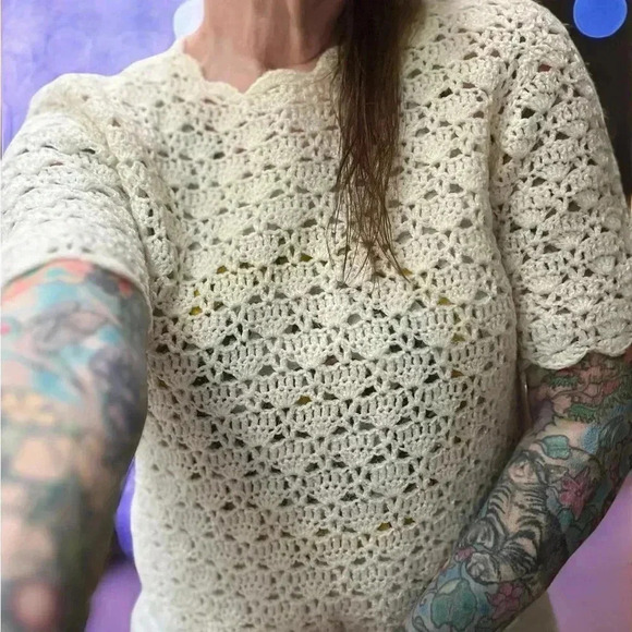 Vintage 60s shimmery cream chunky knit short sleeve pull over sweater M/L - Picture 3 of 10